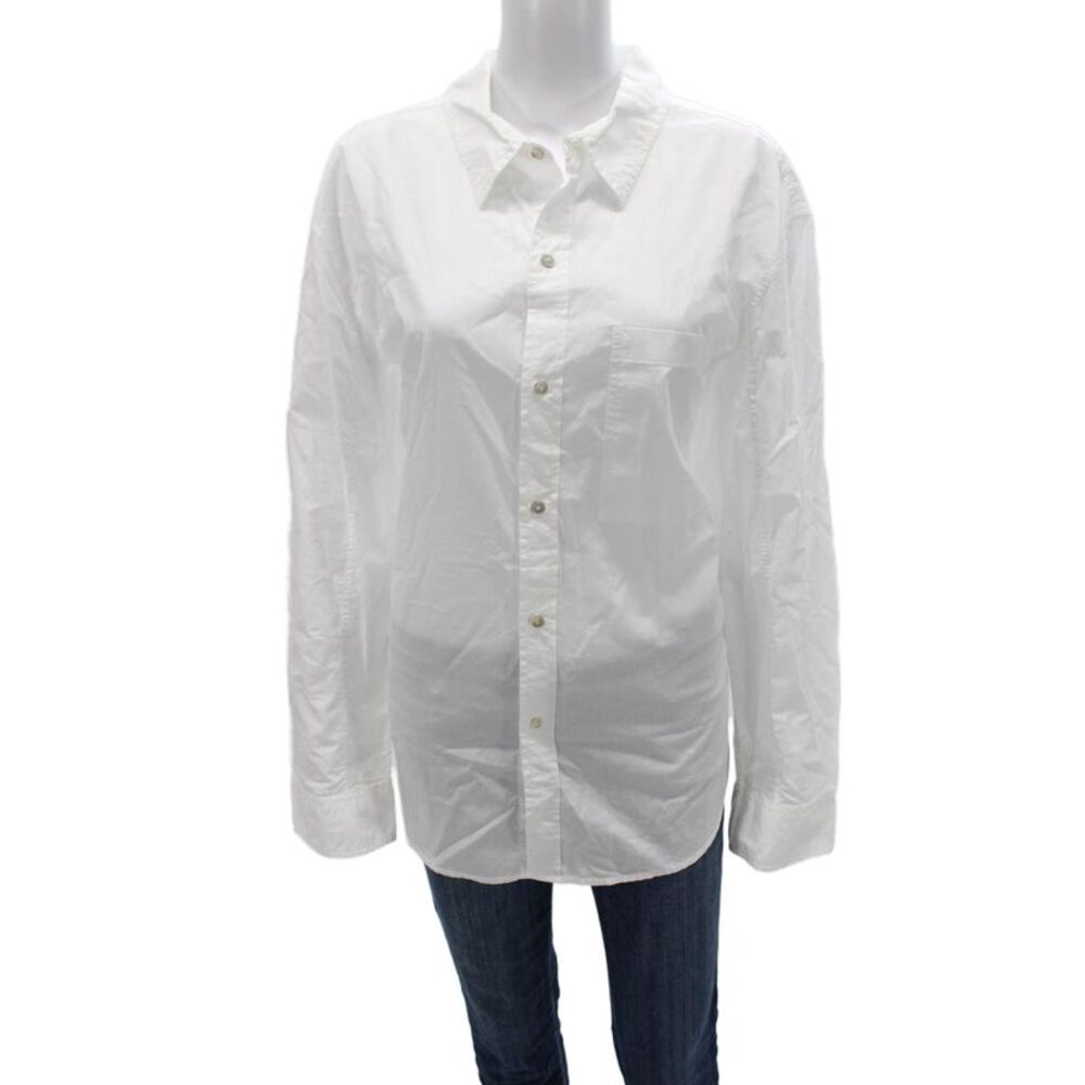 Amo Women Basic Collared Button-Up Pima Cotton Long Sleeve White Size L
